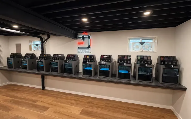 Basement print farm with a row of enclosed 3D printers along a long counter beneath a backlit 3D Print Co. logo