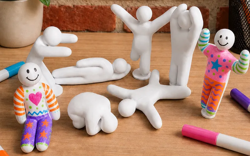 White 3D-printed figures in different poses on a wooden table, two of them coloured in with markers, surrounded by marker pens