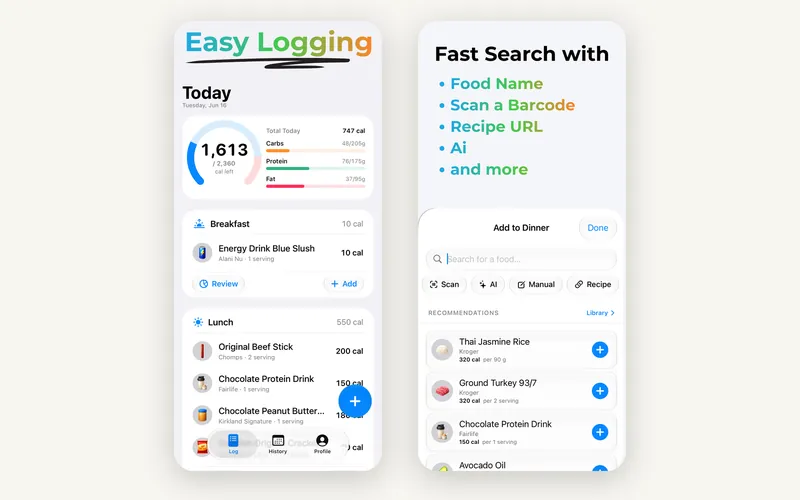 Two CalTrak App Store screenshots: 'Easy Logging' showing today's calorie ring and meals by breakfast and lunch, and 'Fast Search' showing food search with scan, AI, manual and recipe options