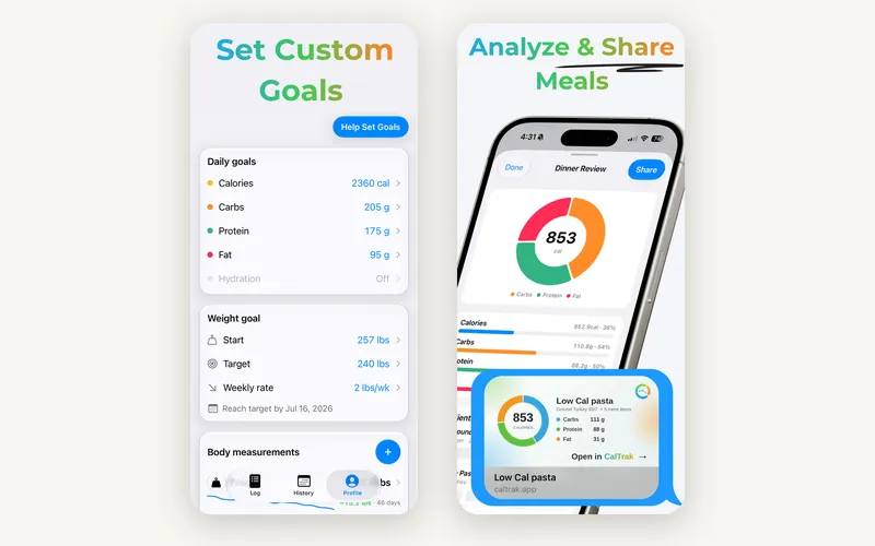 Two CalTrak App Store screenshots: 'Set Custom Goals' showing daily calorie and macro targets and a weight goal, and 'Analyze & Share Meals' showing a dinner review donut chart and a shared meal card