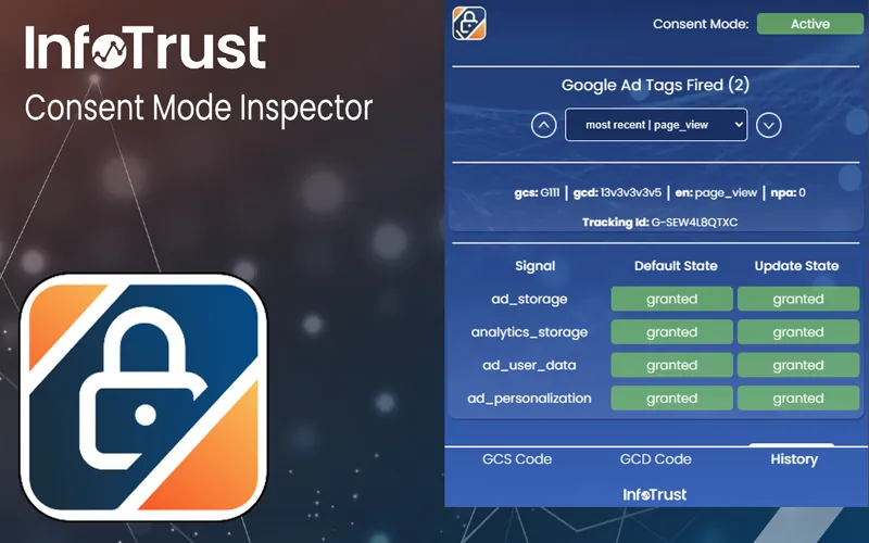 Consent Mode Inspector History tab listing Google ad tags fired on the page, with the gcs, gcd, event name, npa flag and tracking ID for the selected hit