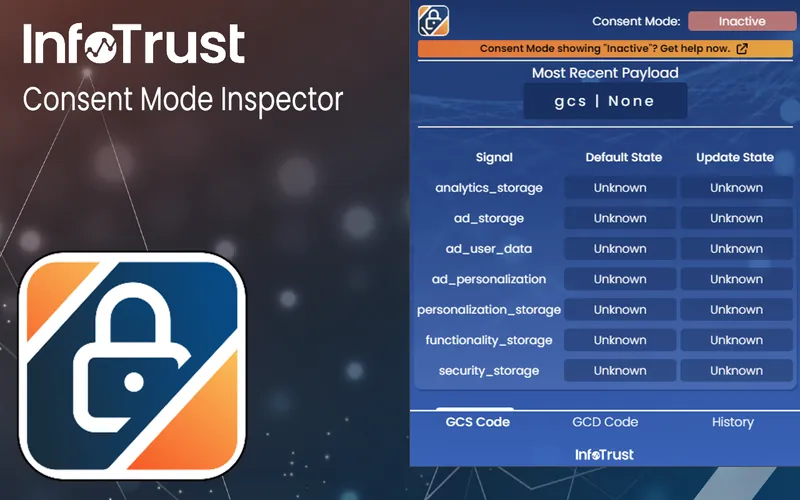 Consent Mode Inspector showing Consent Mode inactive, a 'Get help now' banner, and every consent signal marked Unknown