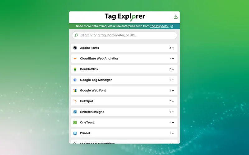 Tag Explorer popup listing tags detected on a page, including Adobe Fonts, Cloudflare Web Analytics, DoubleClick, Google Tag Manager, HubSpot, LinkedIn Insight, OneTrust and Pardot, each with a request count