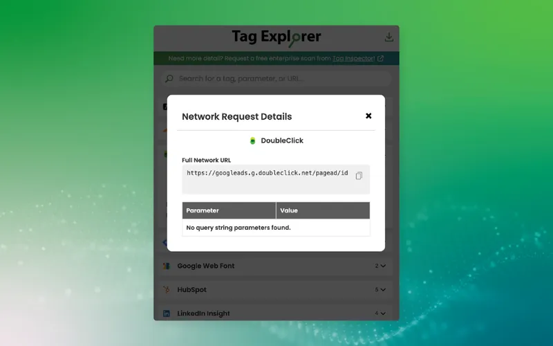 Tag Explorer Network Request Details dialog for DoubleClick showing the full network URL and a parameter table