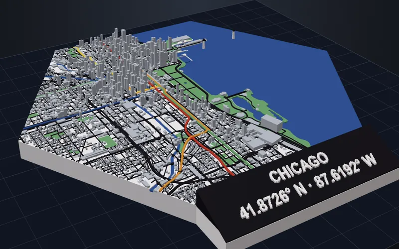 3D render of a Chicago city kit: downtown towers, rail lines, parks and the Lake Michigan shoreline on a hexagonal base with a 'Chicago' coordinate plaque