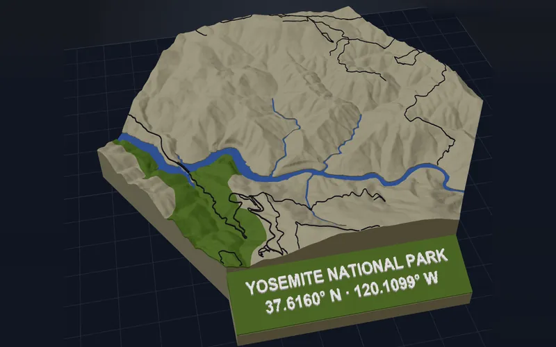 3D render of a Yosemite National Park terrain model: shaded mountains, a blue river, black trail lines and a green forested area, with a 'Yosemite National Park' coordinate plaque