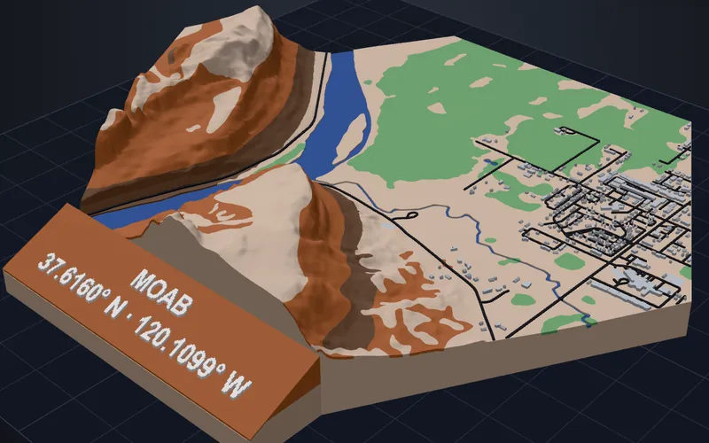 3D render of a Moab terrain model: layered red-rock ridges in tan, orange and brown, the Colorado River, green fields and the town grid, with a 'Moab' plaque