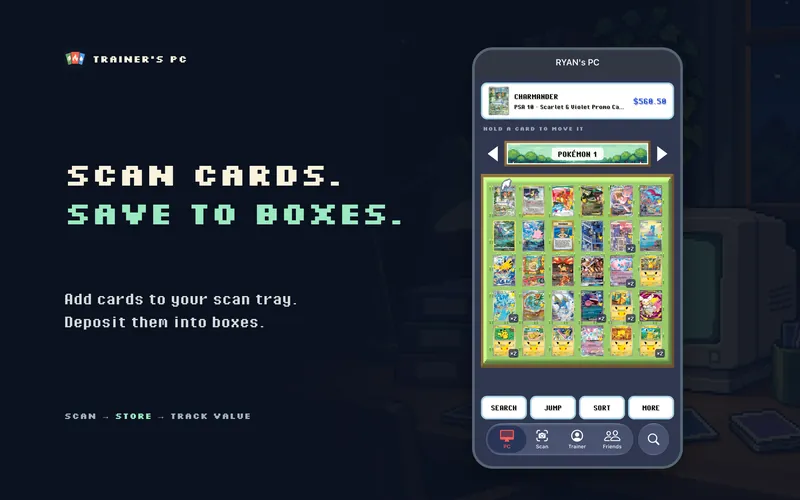 Trainer's PC creative reading 'Scan cards. Save to boxes.' beside a phone showing Ryan's PC: a grid of collected cards in a box, with search, jump, sort and more buttons