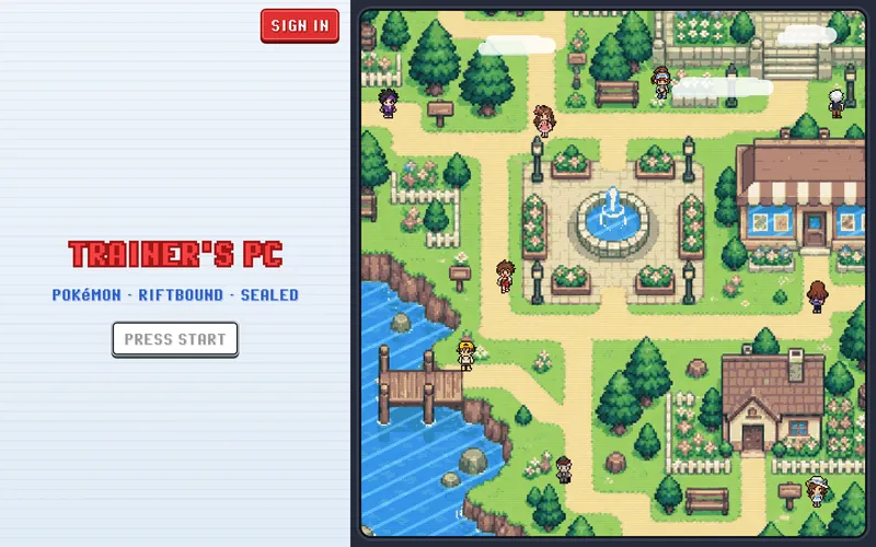 Trainer's PC web start screen with a Press Start button beside an original pixel-art town with a fountain plaza, shops, a lake and dock, and wandering trainers