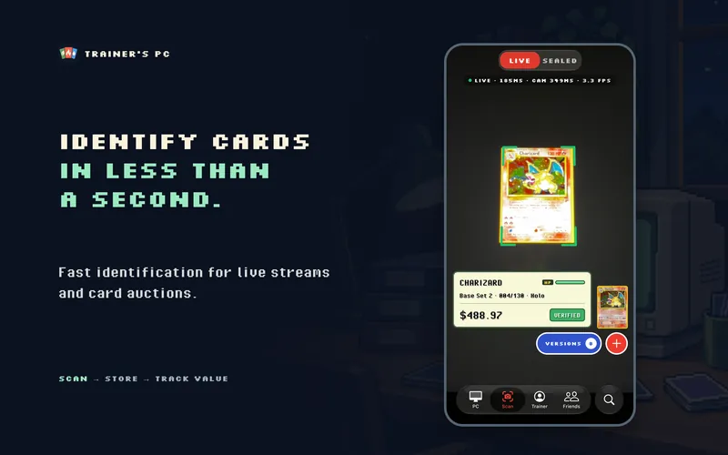 Trainer's PC creative reading 'Identify cards in less than a second' beside the live camera scanner recognising a card and showing its set, number and verified price