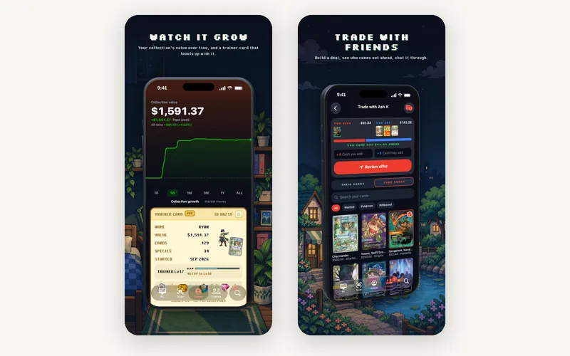 Two Trainer's PC App Store screenshots: 'Watch It Grow' showing collection value over time and a levelling trainer card, and 'Trade With Friends' showing a trade offer comparing each side's card values